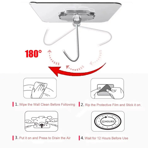 Instructions for installing 24 Pack Heavy Duty Self Adhesive Hooks Transparent Reusable Waterproof Wall Hangers, shows step-by-step process.