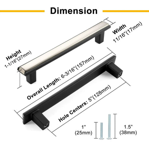 Dimensions of Matte Black and Gold Cabinet Pulls Set, 5 Pack, 5 Inch Center-To-Center Two-Tone Hardware for various installations.
