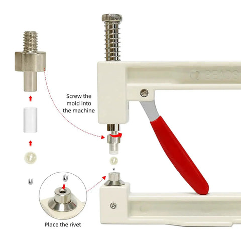Pearl Setting Hand Press Tool Kit For Clothes, Bags And Hair Accessories With red handle and press components.