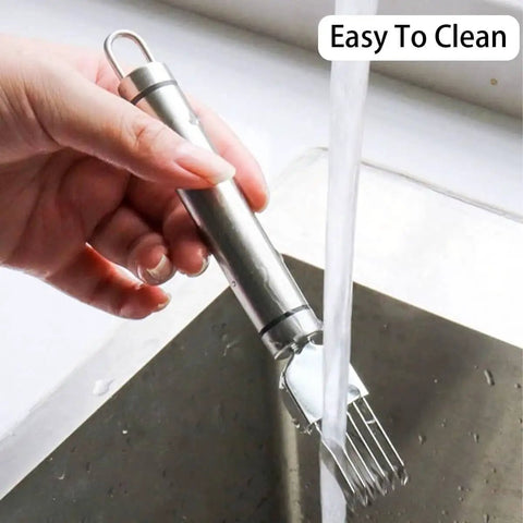 Set Of 2 Scallion Cutters For Kitchen Slicing And Shredding Onions Garlic And Green Onions, Stainless Steel Blades, Quick And Even Chops, veggie chopper tool being cleaned under running water in a sink, easy to clean.
