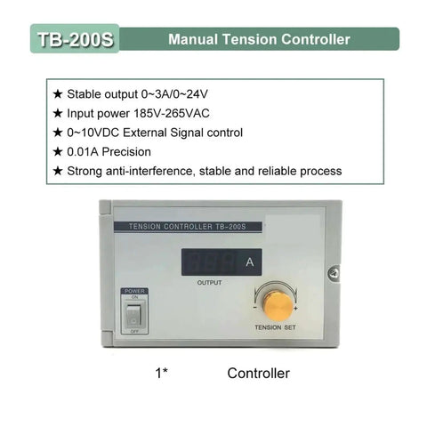Front view of TB-200S Manual Tension Controller with stable output, input power 185-265VAC, and precision control.