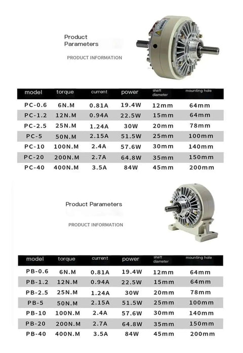 Single Axis Magnetic Powder Clutch Brake System Built To Last With 0.6Kg To 10Kg Torque, 24V Tension Controller, PB1.2 model chart