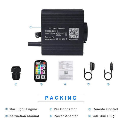 16W Dope Twinkle And Sound Mode RGBW Fiber Optic Star Ceiling Light Kit components including remote and connectors.
