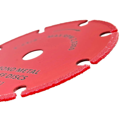 Close-up of red 3 Inch Diamond Cut Off Wheel Set For Metal Cutting With 5000 Plus Life On Rebar Stainless Steel Angle Iron Cast Iron Aluminum Pipes Sheet Metal Three Eighths Inch Arbor 3 Pack FOXBC