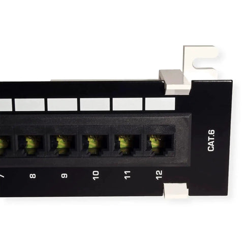 12 Port Cat6 Unshielded Patch Panel Wall Mount With Included 89D Bracket For Vertical Or Horizontal Install, close-up view