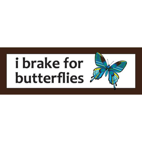 bumper magnet 10x3 in, white panel with 'i brake for butterflies' text and blue butterfly on brown border