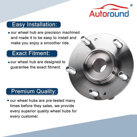 Wheel Hub And Bearing Assembly 513420 Front Or Rear 5 Lug With ABS For Hyundai And Kia 2017 2023 Elantra Forte Kona Ioniq Niro Seltos Veloster Elantra GT, shown with installation and fitment details backdrop.