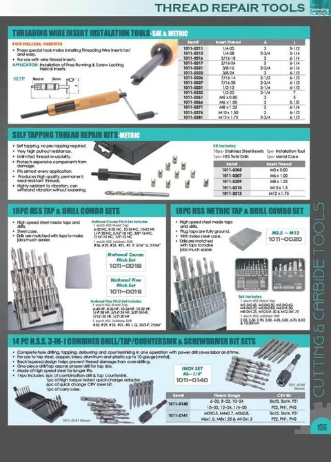Tools for thread repair including threading wire insert installation tools, self-tapping kits, and drill sets shown with specifications.