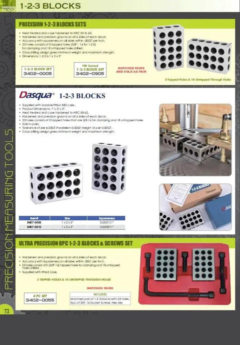 Catalog page displaying various 1-2-3 precision blocks with holes, showing different views and configurations for machining setups.