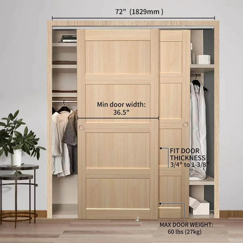 Bypass Sliding Door Hardware Kit 72 Inch Track Set for wardrobe closet doors installed view with measurements