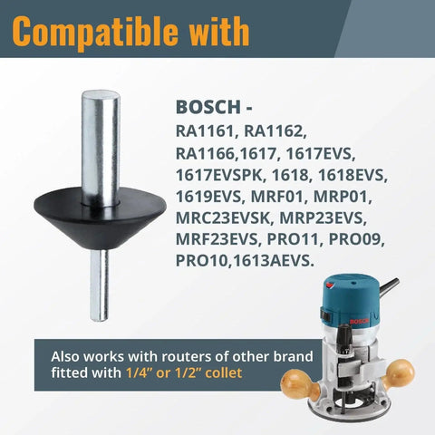 Router Centering Pin And Cone Set For Bosch Sub Bases With One Half Inch And One Quarter Inch Ends Pro Grade Calibrate Router Base Plates And Centering Template Guides For Precise Alignment On Routers And Accessories PowerTEC displayed with compatible router model list.