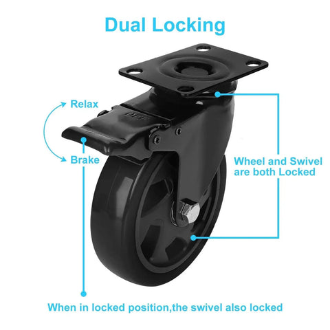 Close-up of 5 Inch Heavy Duty Caster Wheel with dual locking brake, steel frame, and top plate.