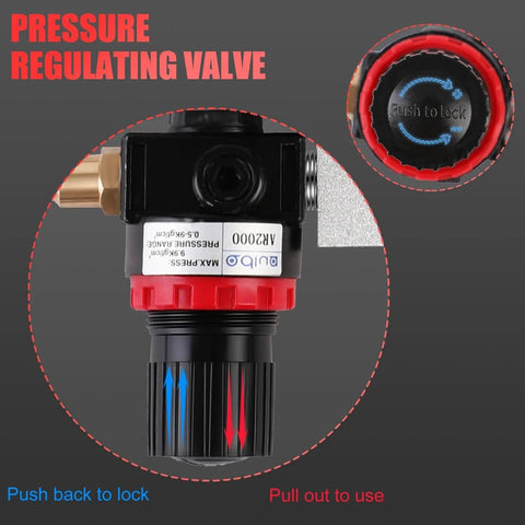 Cylinder Leak Down Tester Kit Pro Grade With Dual Pressure Gauges showing pressure regulating valve and push-lock mechanism.