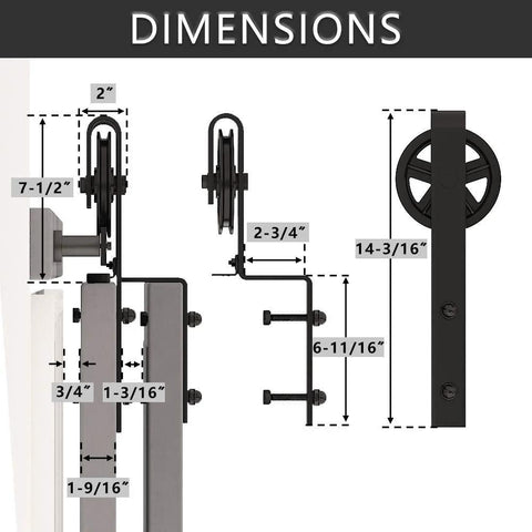 Heavy Duty Sliding Barn Door Hardware Kit Single Track Bypass System For Double Doors Black Powder Coat details and dimensions