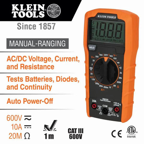 Digital multimeter from All In One Electrical Tester Kit testing voltage, current, and resistance with manual-ranging display.