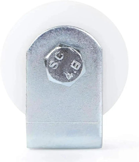 Front view of Gate Guide Roller 2.5 Inch UHMW Nylon Sliding Gate Guider with post welded bracket and sealed ball bearing