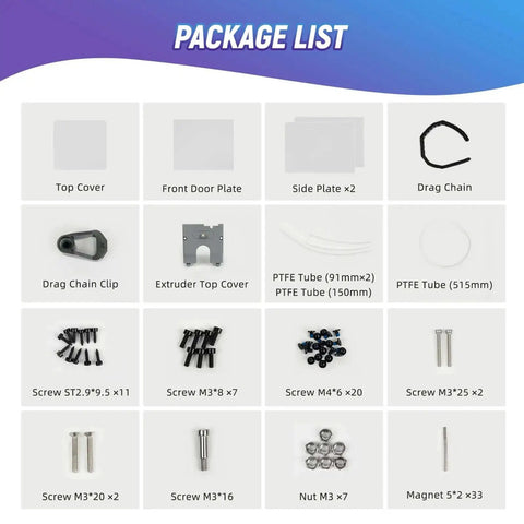 Package list for Adventurer 5M 3D Printer Enclosure Kit With 3mm PC Panels DIY Temperature Controlled Dustproof Enclosure