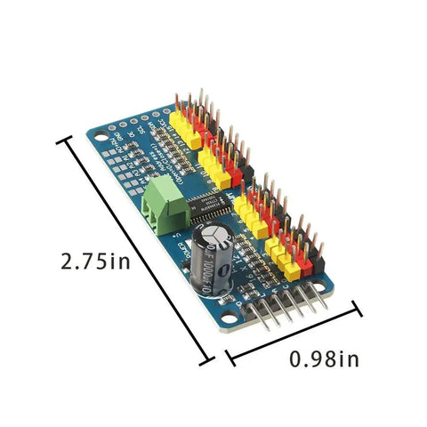 PCA9685 16 Channel 12 Bit PWM Servo Driver Board with I2C Interface, dimensions 2.75x0.98 inches, showing pin layout and components.