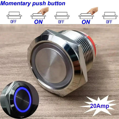 Rugged 19mm Stainless Steel Momentary Push Button Switch With Blue LED Waterproof 4 Pin SPST Built To Last 20A 12 To 24V