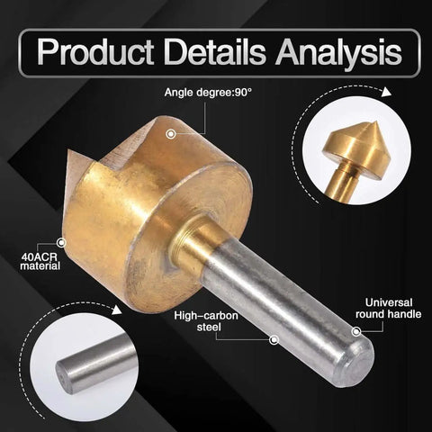 Close-up of a single flute from Three Piece HSS Chamfer Countersink End Mill Set For Woodworking With 90 Degree Single Flute Titanium Plated Cutter Bits, One Quarter Inch Round Shank, Aperture Sizes 2 To 5 Mm, 5 To 9 Mm, 8 To 13 Mm, Gold Finish, KATUR showing 90-degree angle and titanium plating.