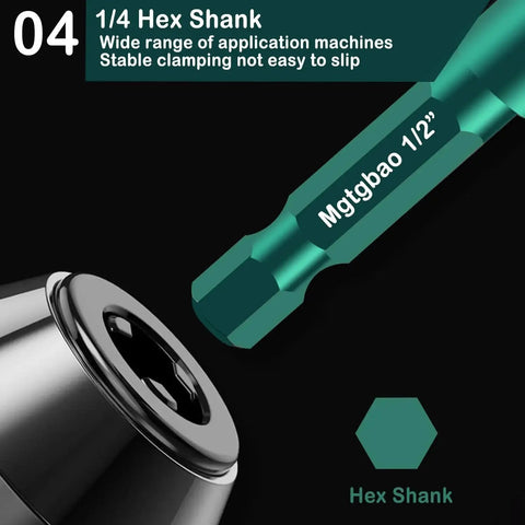 Close-up of green Mgtgbao 1/2 inch hex shank drill bit and chuck, part of Green Concrete Drill Bit Set By Mgtgbao, 10 PC Three Sixteenths Inch Masonry.