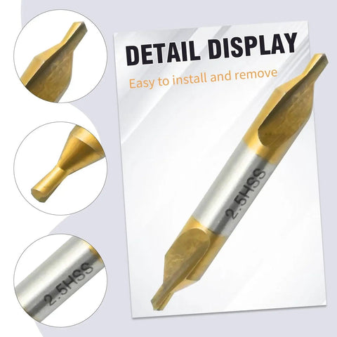 2.5mm Center Drill Set for Metal Fabrication, 10 Pc M2 HSS TiN Coated with 60 Degree Chamfer and Centering detail display
