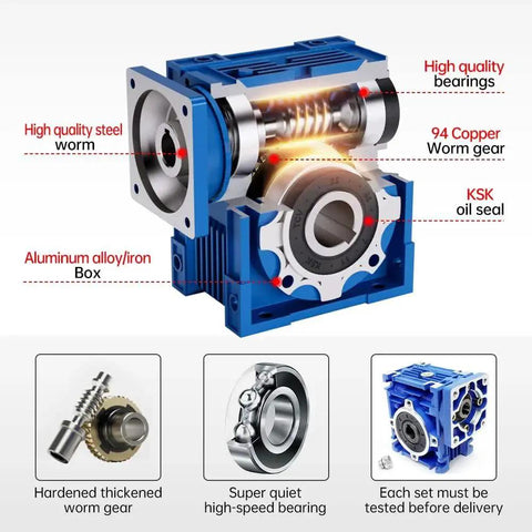 NMRV040 Worm Gearbox Speed Reducer 20 To 1 Ratio RV40 Metal Gearhead with aluminum housing for Nema 34 motors, showing detailed parts.