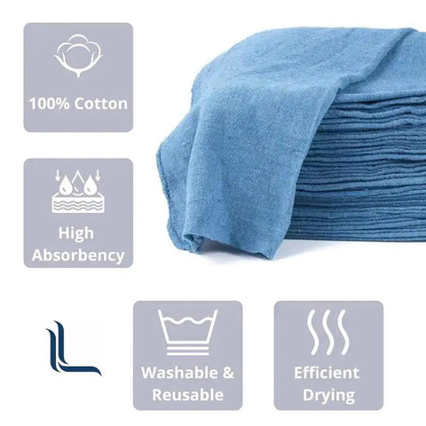 Blue 14x14 Inch 100-Pack Cotton Auto Shop Towels for Detailing and Industrial Cleaning, stack of folded blue towels