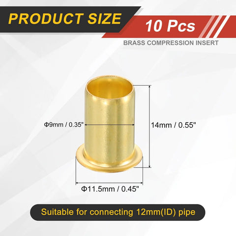 Brass compression sleeve insert, 10 pcs, for 9 mm ID tubing; 14 mm tall with 11.5 mm base diameter