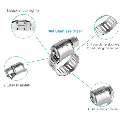 26 Piece Stainless Steel Hose Clamps Assortment Kit One Quarter To Two Inch Adjustable Worm Gear Clamps, features labeled