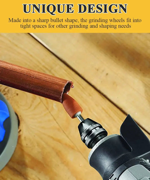 Rotary Tool Sanding Bits Set for Dremel 42 Pcs with One Eighth Inch Shank Aluminum Oxide bullet bit in use on wood surface