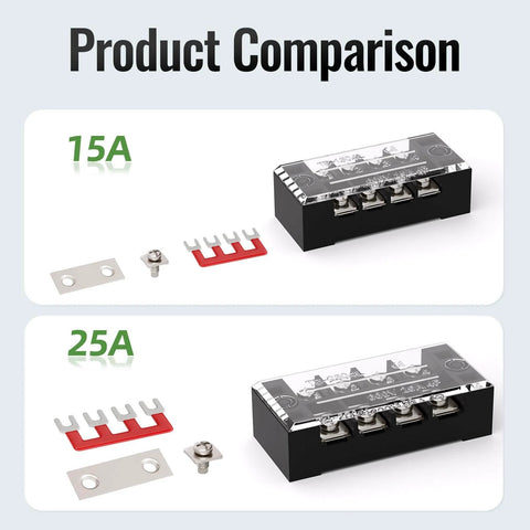 Product comparison showing Heavy Duty 15A Screw Terminal Block With 12 Position Dual Row Covered Design next to 25A version.
