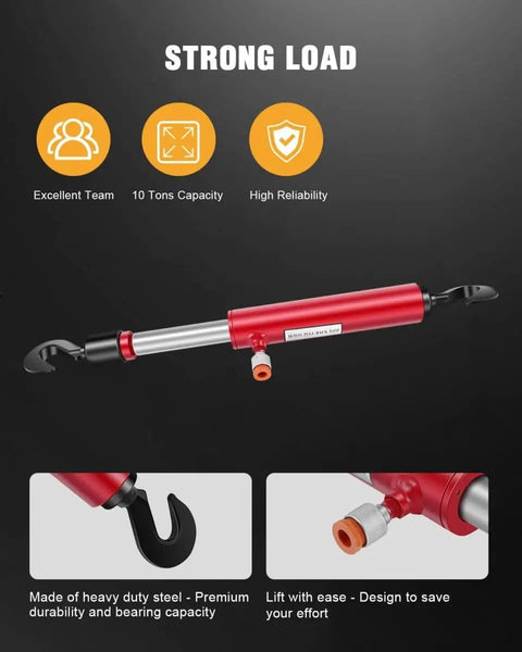 Close-up of Beefy 26 Inch Hydraulic Pull Back Ram for Porta Power Tools and Body Shop Frame Tools, carbon steel, rotating hook.