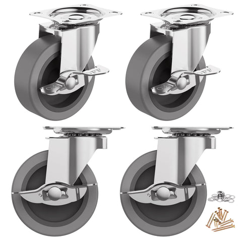 3" Caster Wheels Set of 4 - Heavy Duty Swivel Plate Casters with Rubber Wheels, Locking Brake Castors for Furniture, Carts, and Workbench - Canadian Ball Bearing Supplier.
