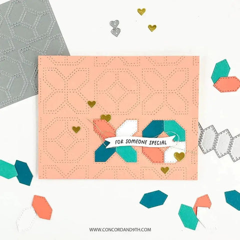 Quilt Top Die Set For Scrapbooking And Card Making project featuring pastel pink card with geometric design and heart accents