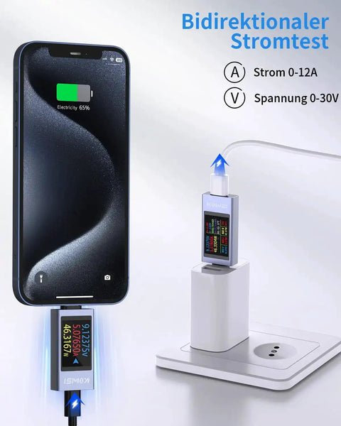 All In One USB C Power Meter Tester 4-30V 0-12A Digital Multimeter with PD Support checking phone charge