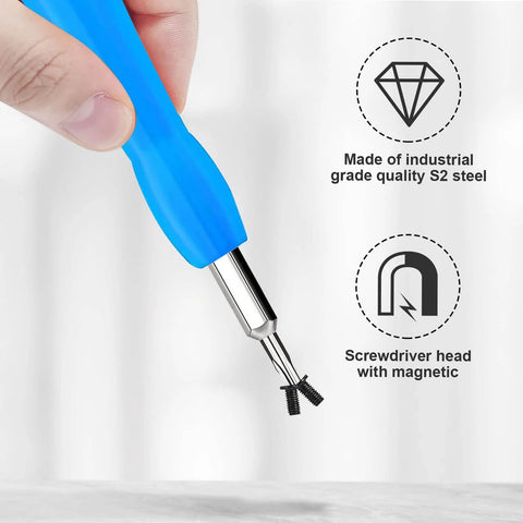 Close-up of blue handle DIY Ready Double Ended T6 T15 Screwdriver Kit With Flat And Cross Bits, Pry Tool, and 16 Security Screws, S2 Steel.