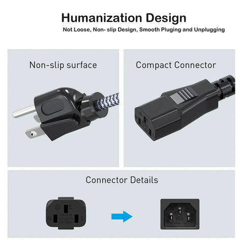 Heavy Duty 10A 18AWG Nylon Braided 10 Ft AC Power Cord 3 Prong Replacement Cable with non-slip surface and compact connector