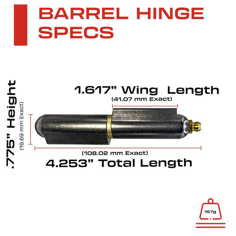 Beefy Heavy Duty Weld On Bullet Hinge For Gates And Doors, showing specs with 4.253 inch length and .775 inch height.