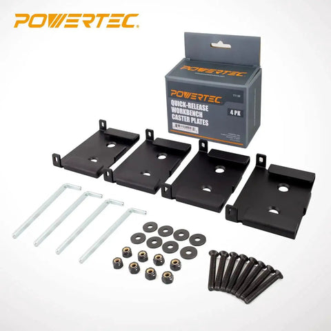 Quick-Release Workbench Caster Plates, 4 Pack With Locking Pins, 8 Lock Nuts, Washers And Bolts For Caster Assembly, box and parts