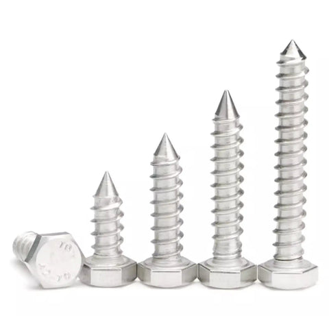 Quarter Inch By One And A Half Inch Hex Head Lag Screws In 304 Stainless Steel For Wood Construction Pack Of Twenty Heavy Duty Hex Lag Screws Corrosion Resistant For Outdoor Use And Heavy Duty Construction Projects displayed on white.