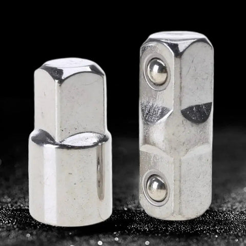 Front view of two chrome URTERYSER socket adapter sleeves with hex ends for 3/8 inch sockets