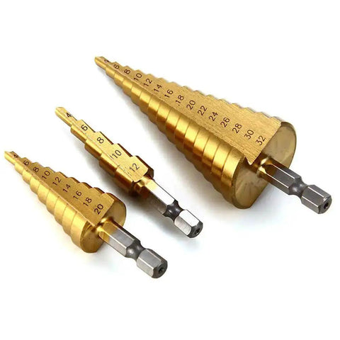 Three Piece Step Drill Bit Set That Rocks 4 12 20 32mm High Speed Steel Titanium Coated Hole Cutter For Aluminum Wood Plastic And Sheet Metal