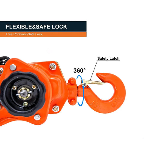 Close-up of Lever Chain Hoist 1.5 Ton 10 Foot With 3 Meter Chain Come Along Ratchet Puller, showcasing safety latch and hook.