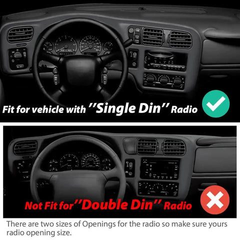 Dashboard comparison for Dash Trim Bezel Cover Dark Gray For Chevy Blazer S10 Jimmy S15 Sonoma Single Din showing single and double din radios.