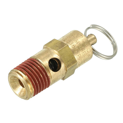Brass 1/4 in NPT air compressor safety valve, 165 PSI set pressure, with metal ring