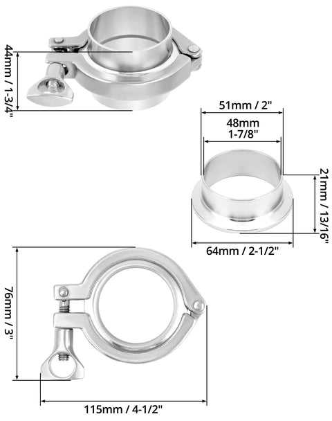 QWORK clamp fitting, 304 stainless sanitary pipe ferrule and clamp, 2 in, 51 mm ID, 2 sets