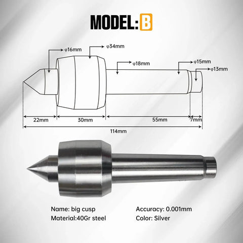 Model B big cusp for 65mm MT2 movable tailstock lathe center, 40Gr steel, silver, CNC machining, Morse taper 2 compatibility