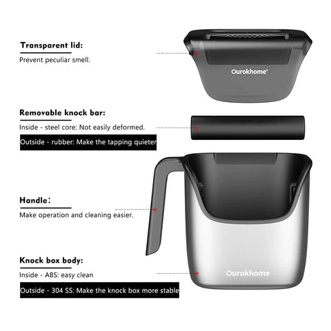 Ourokhome knock box with transparent lid, removable steel knock bar, side handle, stainless body, 4.8 in
