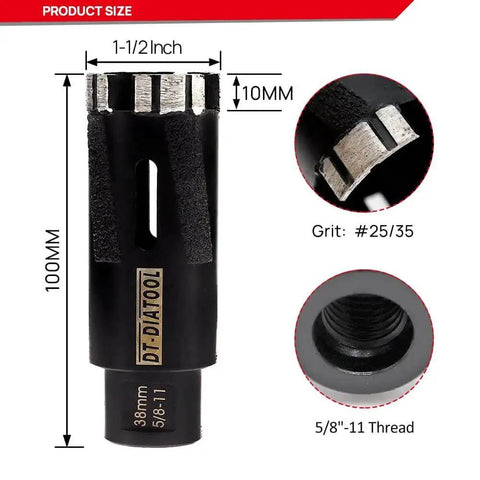 Diamond Core Drill Bit 38mm 5/8-11 Welded Hole Saw for Granite Marble and Hard Stone Wet or Dry Use with Angle Grinder visible.